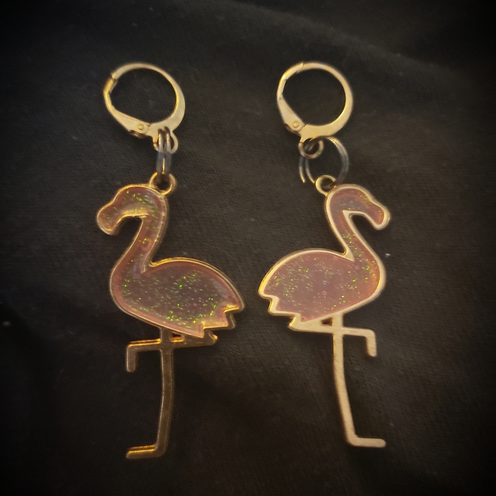 Handmade Gold Plated Pink Flamingo Earrings